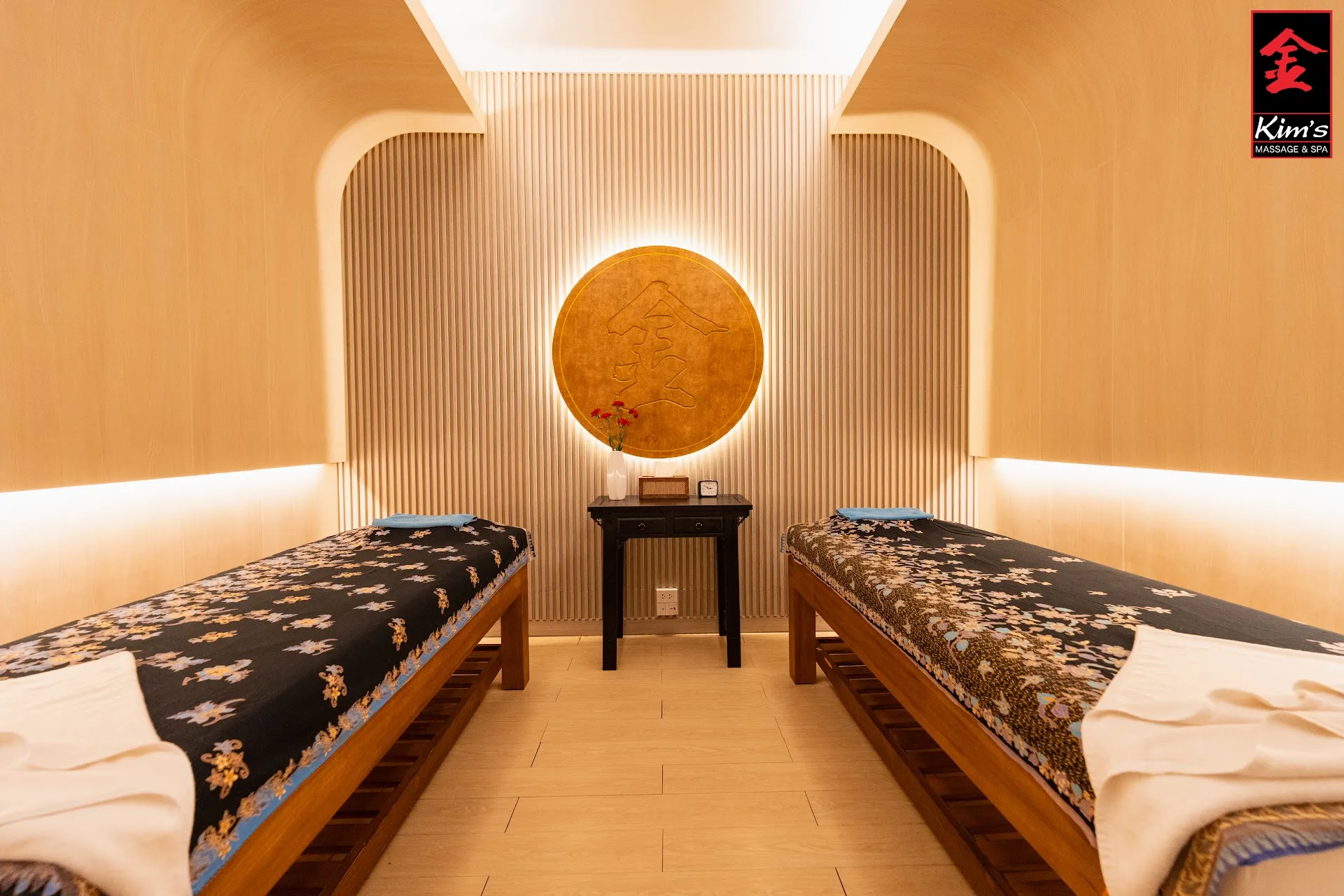 Warm private room with two massage beds